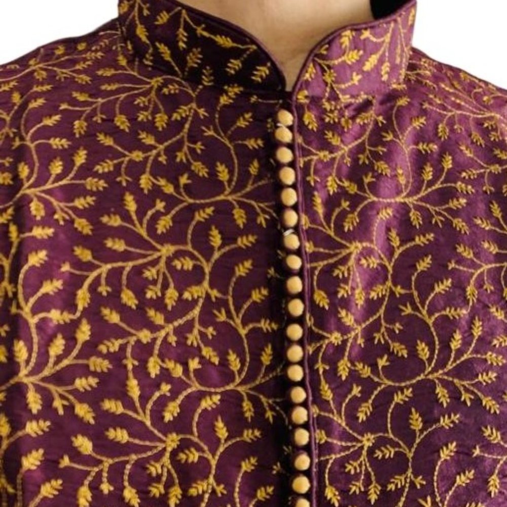 Men's Indian Wine Embroidered Silk Kurta Set